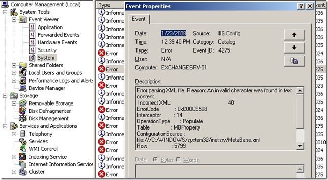 IIS Config Errors and Event ID 4275 Exchange 2003