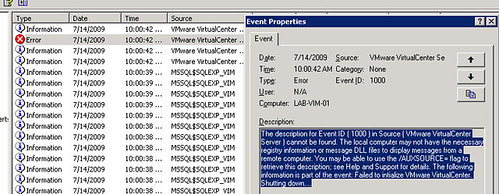 VMWare Virtual Center Application eventlog events